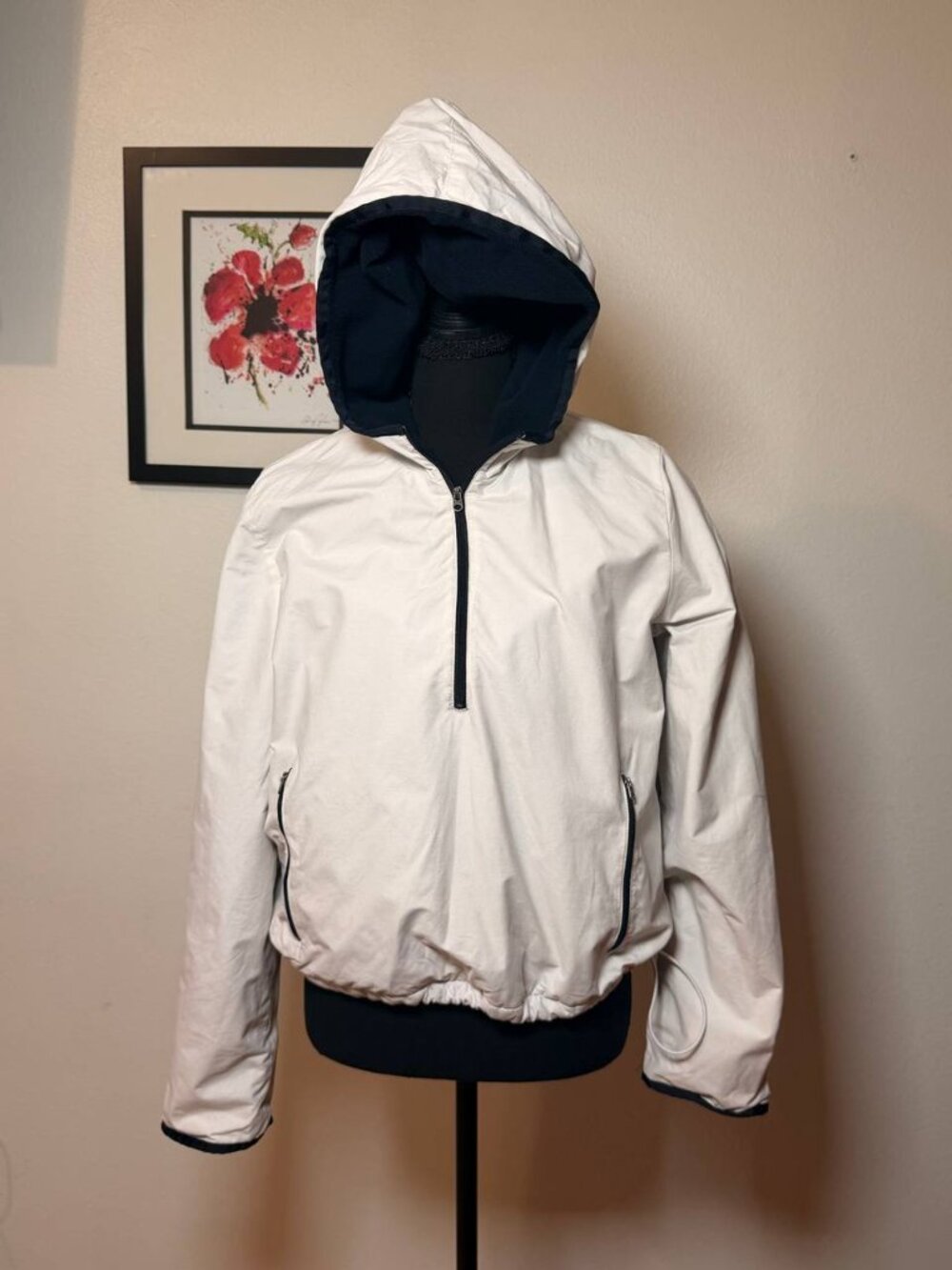 Abercrombie Half Zip Anorak Jacket White Navy Fleece Lined Prep Y2K